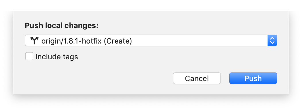 The "push local changes" sheet with branch `origin/1.8.1-hotfix` selected, which is not on the server yet, and therefore marked as "(Create)"