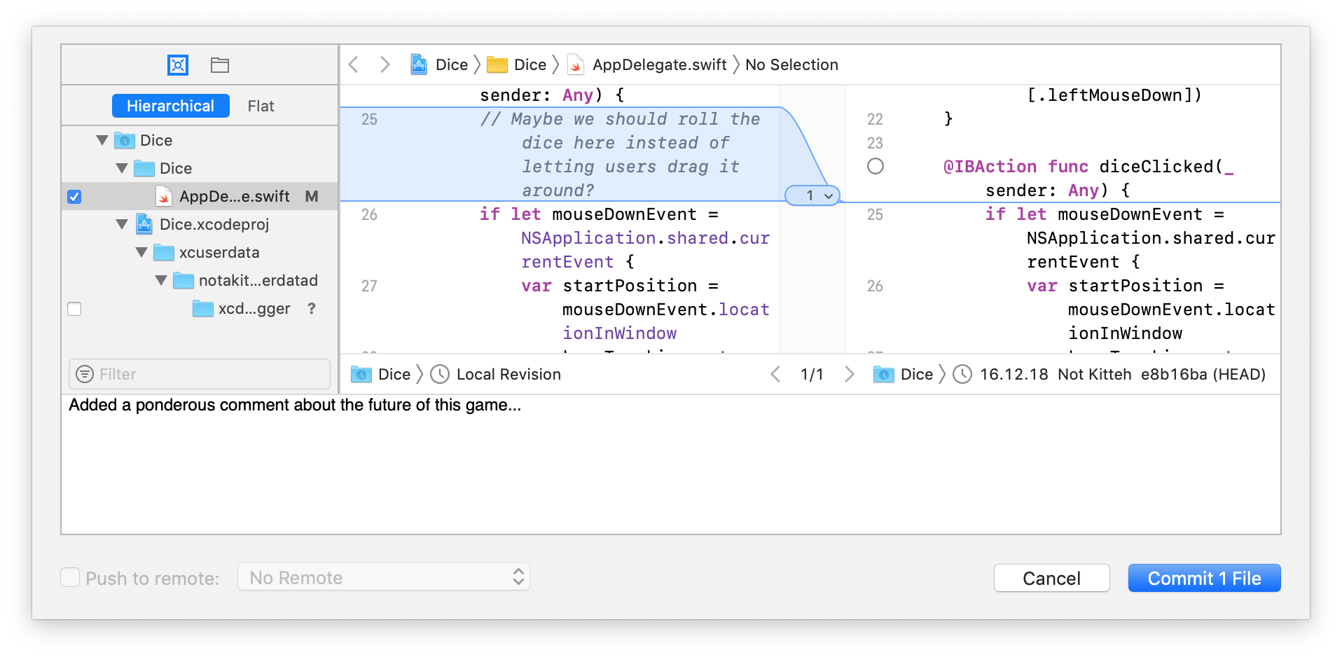 The commit sheet with a commit message entered at the bottom, a file selected to be committed on the left, and our changes to that file shown in the middle pane.