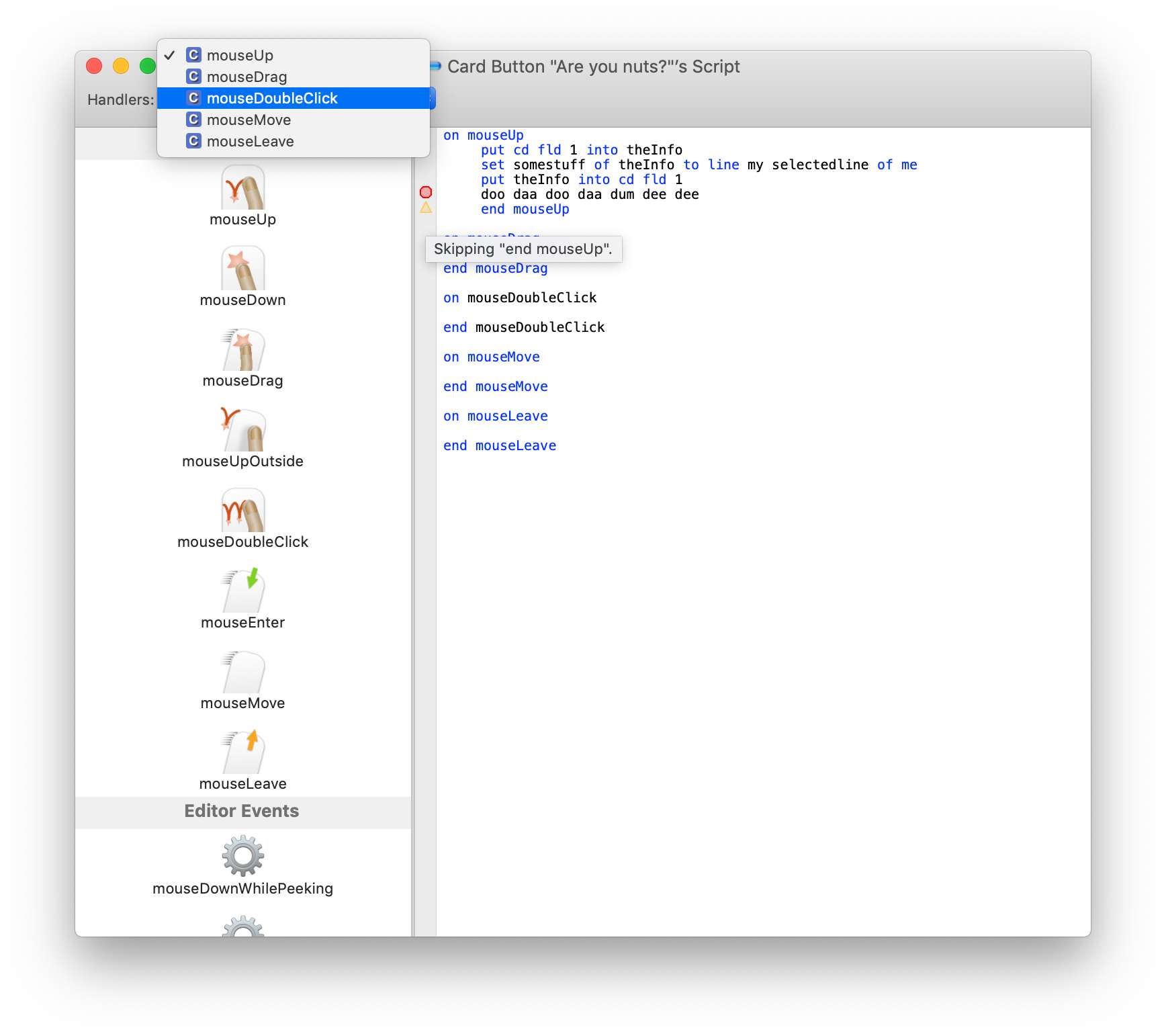 Stacksmith's method popup showing all handlers in a script with a syntax error at the start